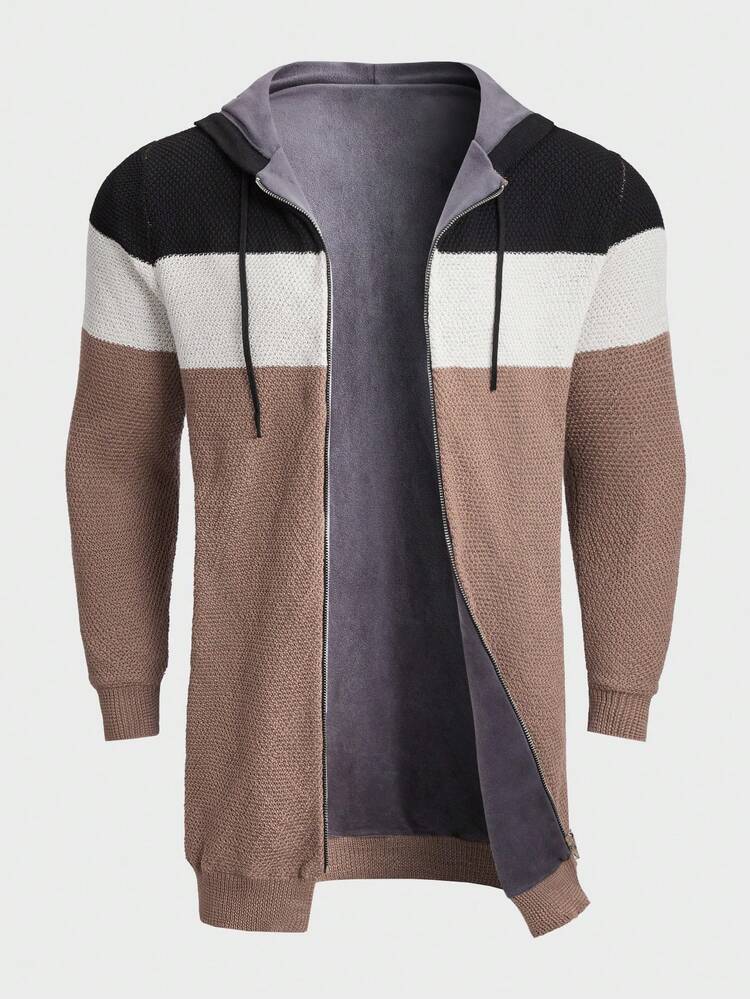 Men Colorblock Drawstring Hooded Zipper Front Cardigan