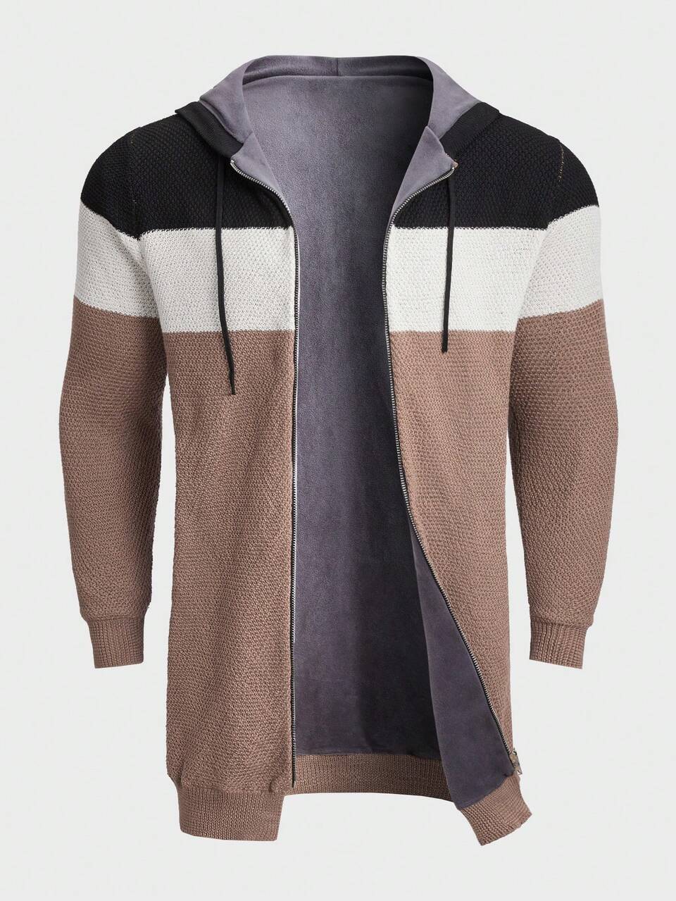 Men Colorblock Drawstring Hooded Zipper Front Cardigan