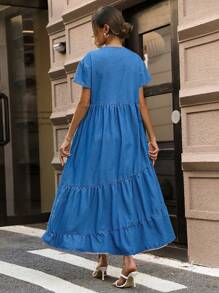 SHEIN Privé Chất rắn Xù Hoa Sen Denim Váy Smock - Màu xanh lam - Xem 5