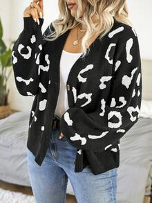 SHEIN LUNE 休閒前紐扣豹紋大碼開衫 - 黑與白 - 查看 6