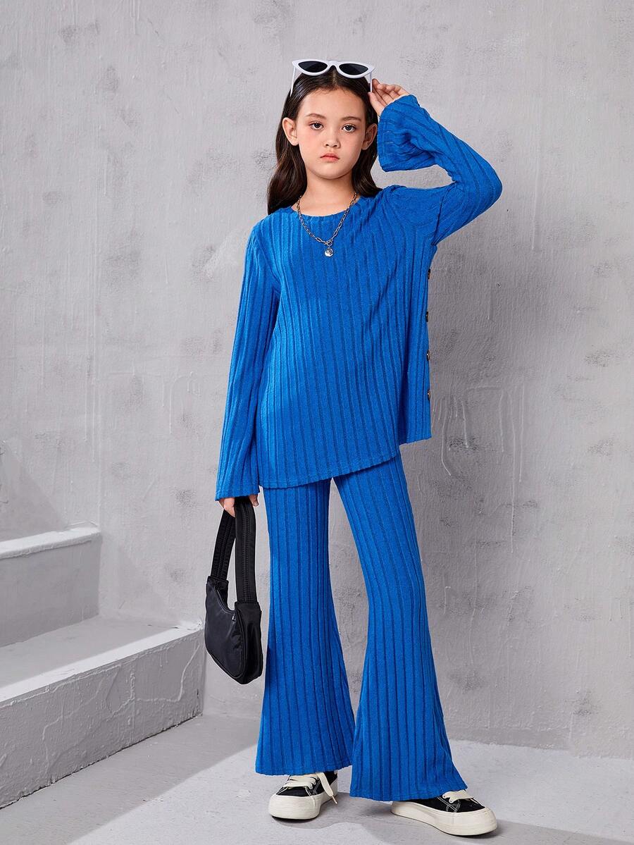 Tween Girl Button Detail Ribbed Knit Tee & Flare Leg Pants - Blue - View 1