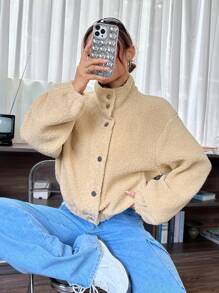 SHEIN EZwear Drop Shoulder Teddy Jacket - Apricot - View 1