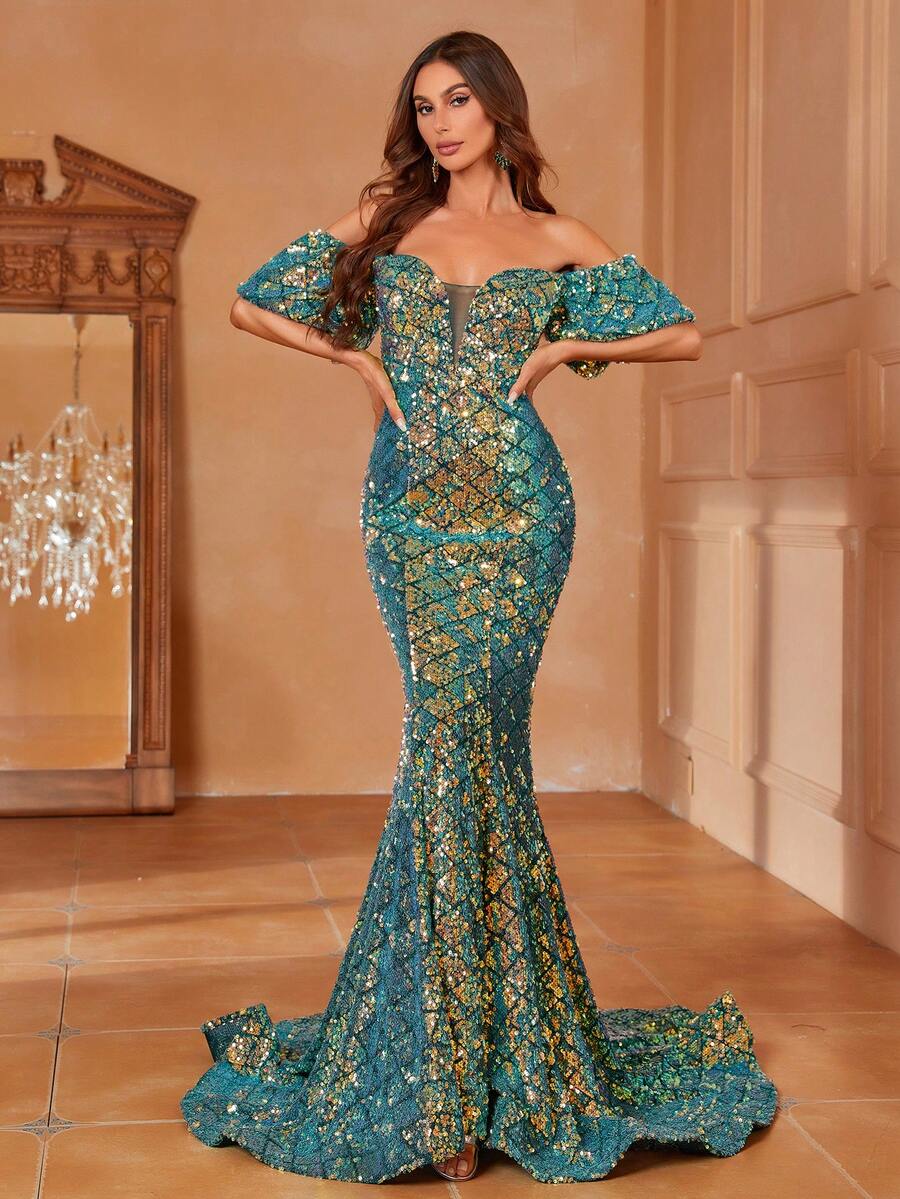 Faeriesty Off Shoulder Puff Sleeve Mermaid Hem Sequin Formal Dress - Dark Green - View 1