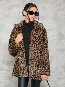 Teen Girl Leopard Print Fuzzy Coat - Brown - View 1