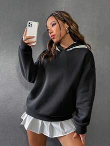 SHEIN Unity Slogan & Angel Embroidery Drop Shoulder Hoodie - Black and White - View 4