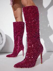 亮片裝飾細跟靴子 - 中紫紅色 - 查看 5