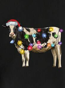 SHEIN EZwear 奶牛圖案加絨內裏運動衫 - 黑色 - 查看 6