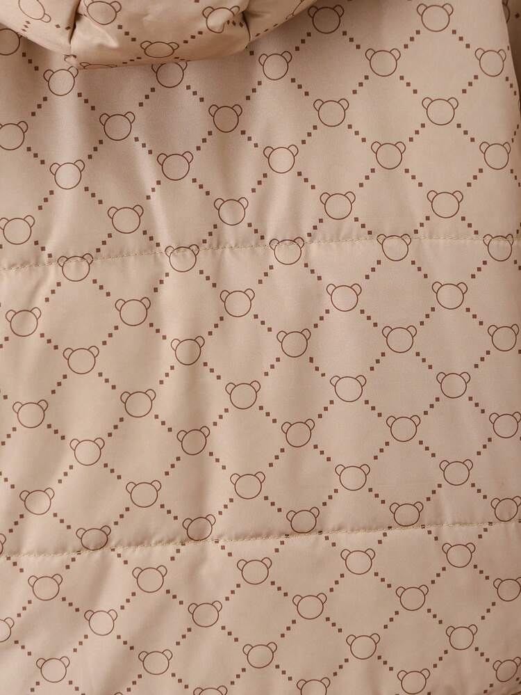 Tween Boy Allover Print Flap Pocket Side Hooded Padded Coat With Bag Without Sweater