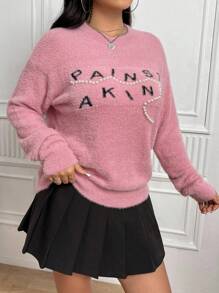 Chiquease Letter Pattern Faux Pearl Detail Drop Shoulder Fuzzy Knit Pullover Fall Winter Sweater - Pink - View 4