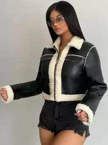 SHEIN SXY 泰迪熊襯里拉鏈 PU 皮夾克 - 黑色 - 查看 5