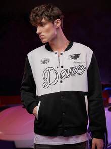 ROMWE MEN Street Life Các bạn Đồ họa Chữ cái Hai âm Áo khoác bomber - Đen và trắng - Xem 5