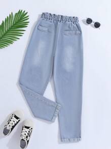 Tween Girl Paperbag Waist Pocket Patched Jeans - Light Wash - View 2
