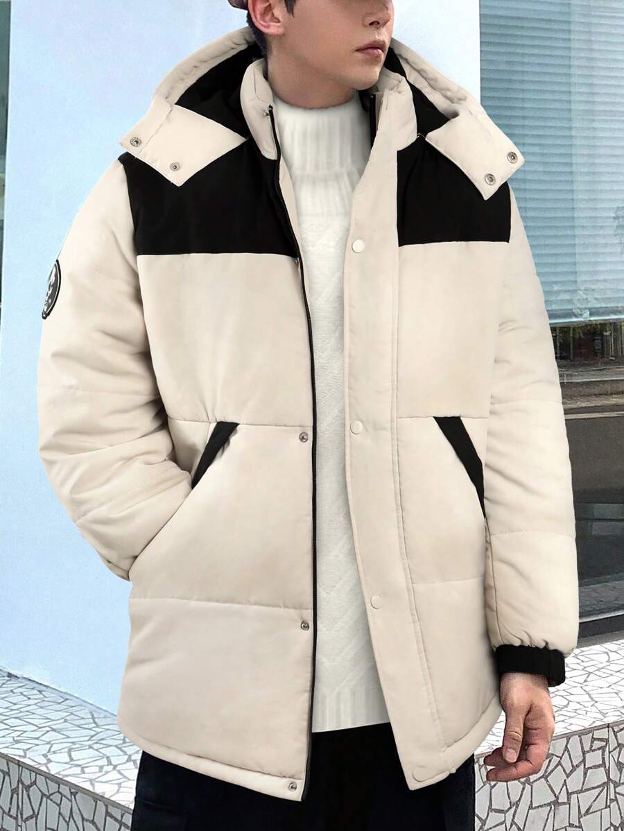 Manfinity Hypemode 宽松版型男士双色连帽加厚外套，配骷髅贴片装饰和拉链开合 - 杏色 - 查看 1