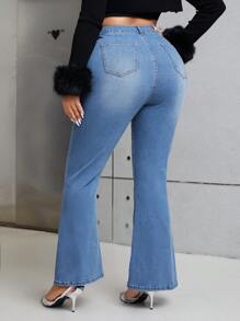 SHEIN ICON Hơn Thêu hoa Quần ống loe - Màu xanh lam - Xem 2