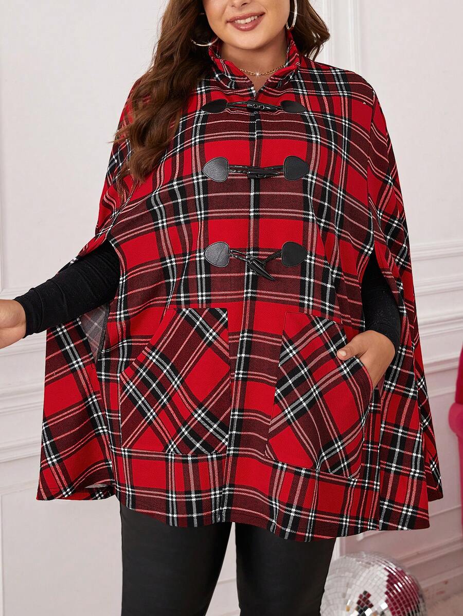 SHEIN Clasi 大碼格紋印花連帽粗呢斗篷大衣 - 紅色 - 查看 1