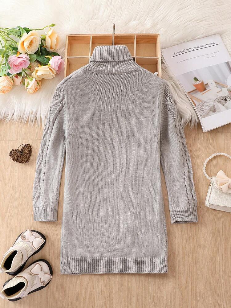 Young Girl Animal Patched Turtleneck Cable Knit Sweater Dress