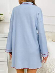 Snug Reverie Contrast Binding Button Front Drop Shoulder Pocket Patched Waffle Knit Lounge Dress, For Fall, Cozy Outfit