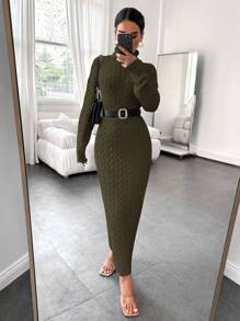 EURMUSE Turtleneck Drop Shoulder Cable Knit Longline Sweater Dress Without Belt - Khaki - View 3