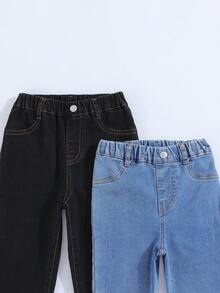 SHEIN Explorewe Young Girl 2pcs Solid Slant Pocket Jeans - Multicolor - View 3