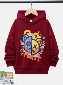 SHEIN Áo nỉ in hình hoạt hình và chữ cái dành cho bé trai tuổi teen - Đỏ - Xem 1