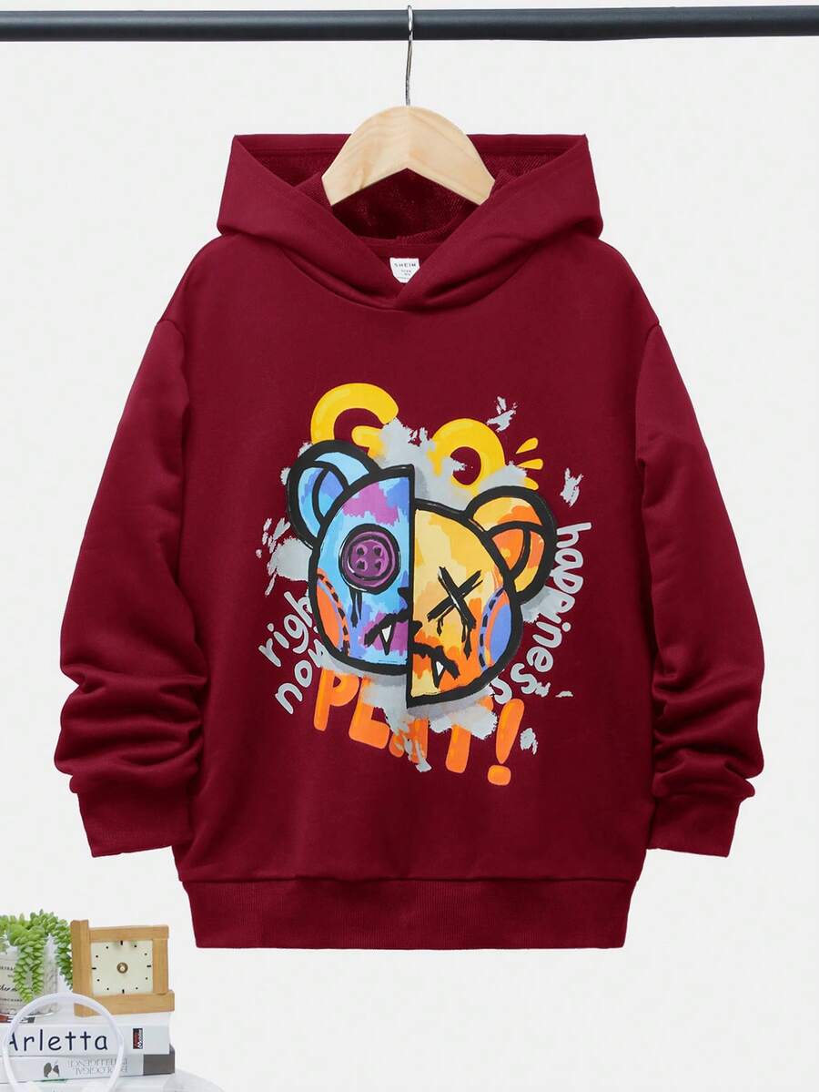 SHEIN Áo nỉ in hình hoạt hình và chữ cái dành cho bé trai tuổi teen - Đỏ - Xem 1