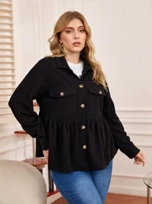 SHEIN Franclia 休閒純色大碼外套 - 黑色 - 查看 6