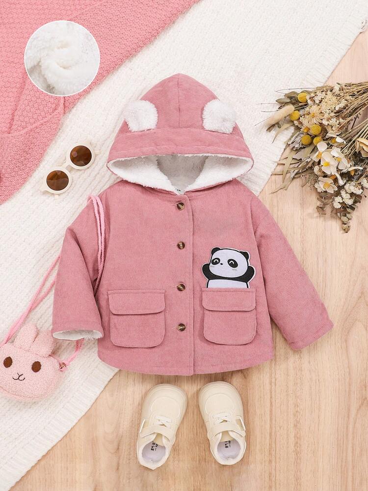 Baby Girl Panda Embroidery 3D Ear Design Teddy Lined Hooded Coat