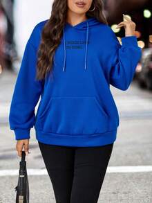 Calvaya 加大码标语图案落肩抽绳卫衣 - 寶藍色 - 查看 4