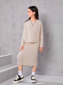 SHEIN Leap Crew Tween Girl 超大复古蝙蝠袖上衣和中长裙 2 件套 - 杏色 - 查看 5