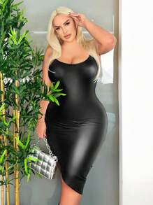 SHEIN SXY Plus Asymmetrical Hem PU Leather Cami Dress - Black - View 5