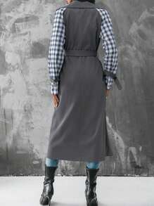 Chiquease Gabardina con estampado de cuadros de doble botonadura con cinturón - Gris - Ver 2