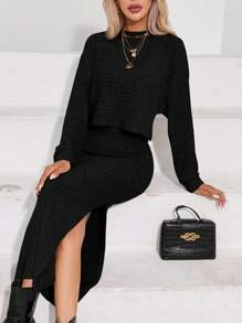 SHEIN Essnce 落肩T恤&高衩半身裙 - 黑色 - 查看 5