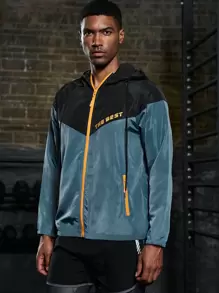 Gym Rark Men Letter Graphic Colorblock Zip Up Hooded Sports Jacket Workout Tops Sports Jacket - Dark Grey - View 1