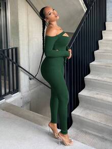 SHEIN SXY 一字肩不對稱下擺短款上衣&緊身打底褲 - 墨綠色 - 查看 3