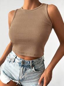 Cottnline Canotta monocolore in maglia a coste - Castano - Visualizzare 4
