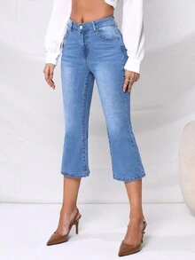 SHEIN Privé Jeans de talle alto pierna amplia capri - Azul lavado medio - Ver 5