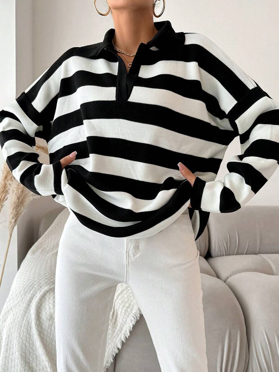 EURMUSE Striped Pattern Drop Shoulder Polo Neck Drop Shoulder Sweater - Black and White - View 1
