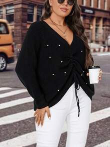 Calvaya Plus Pearls Beaded Drawstring Front Drop Shoulder Sweater - Black - View 6