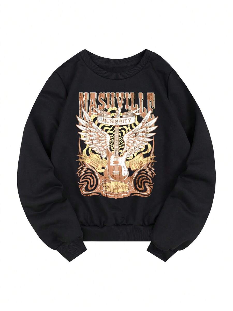 Guitar & Letter Graphic Sweatshirt - Black - View 1