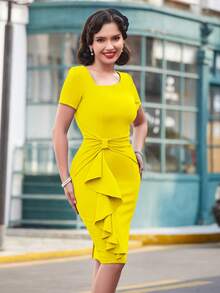 MUXXN Asymmetrical Neck Ruffle Trim Dress - Yellow - View 7