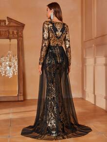 Faeriesty Plunging Neck Mesh Overlay Sequin Mermaid Dress - Black - View 2