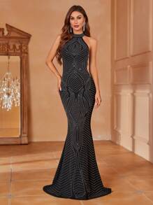 Halter Neck Nàng tiên cá Hem Ăn mặc trang trọng - màu đen - Xem 3