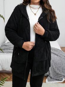 SHEIN CURVE+ Plus Zip Up Drawstring Hooded Teddy Coat - Black - View 5