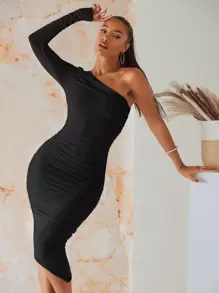 RueChic One Shoulder Ruched Mesh Bodycon Dress