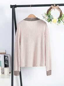 SHEIN LUNE Contrast Collar Drop Shoulder Half Button Tee - Khaki - View 2