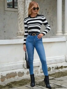 EURMUSE Jersey con patrón de rayas tejido de canalé - Blanco y Negro - Ver 3