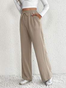 SHEIN Tall Eo dây rút Quần ống rộng - Màu Khaki - Xem 3