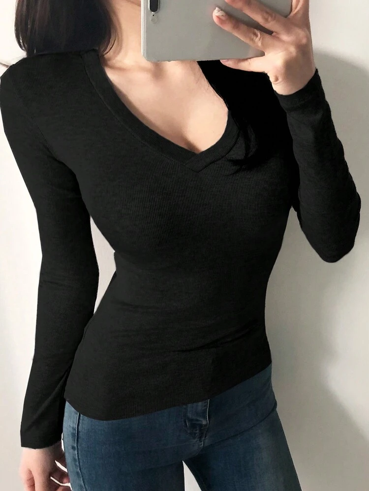 Solid V Neck Tee,Fall Clothes Long Sleeve Women Tops