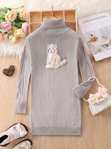SHEIN 女小童動物補丁貼高領麻花編織毛衣洋裝 - 灰色 - 查看 1