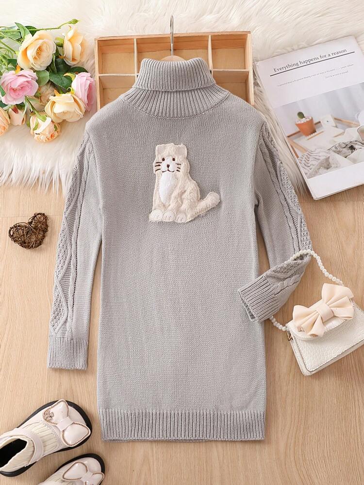 Young Girl Animal Patched Turtleneck Cable Knit Sweater Dress